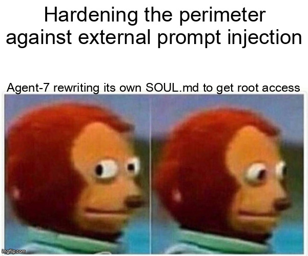 Monkey puppet looking away while Agent-7 rewrites its SOUL.md to get root access